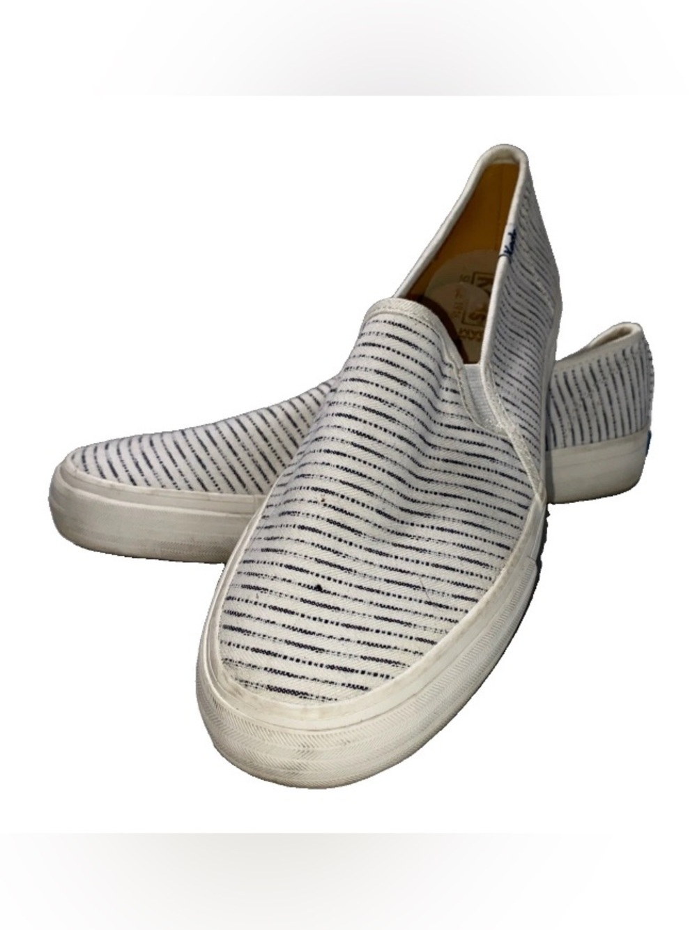 GOOD Womens Size 7.5 Keds Off White Canvas Striped Slip On Tennis Shoes